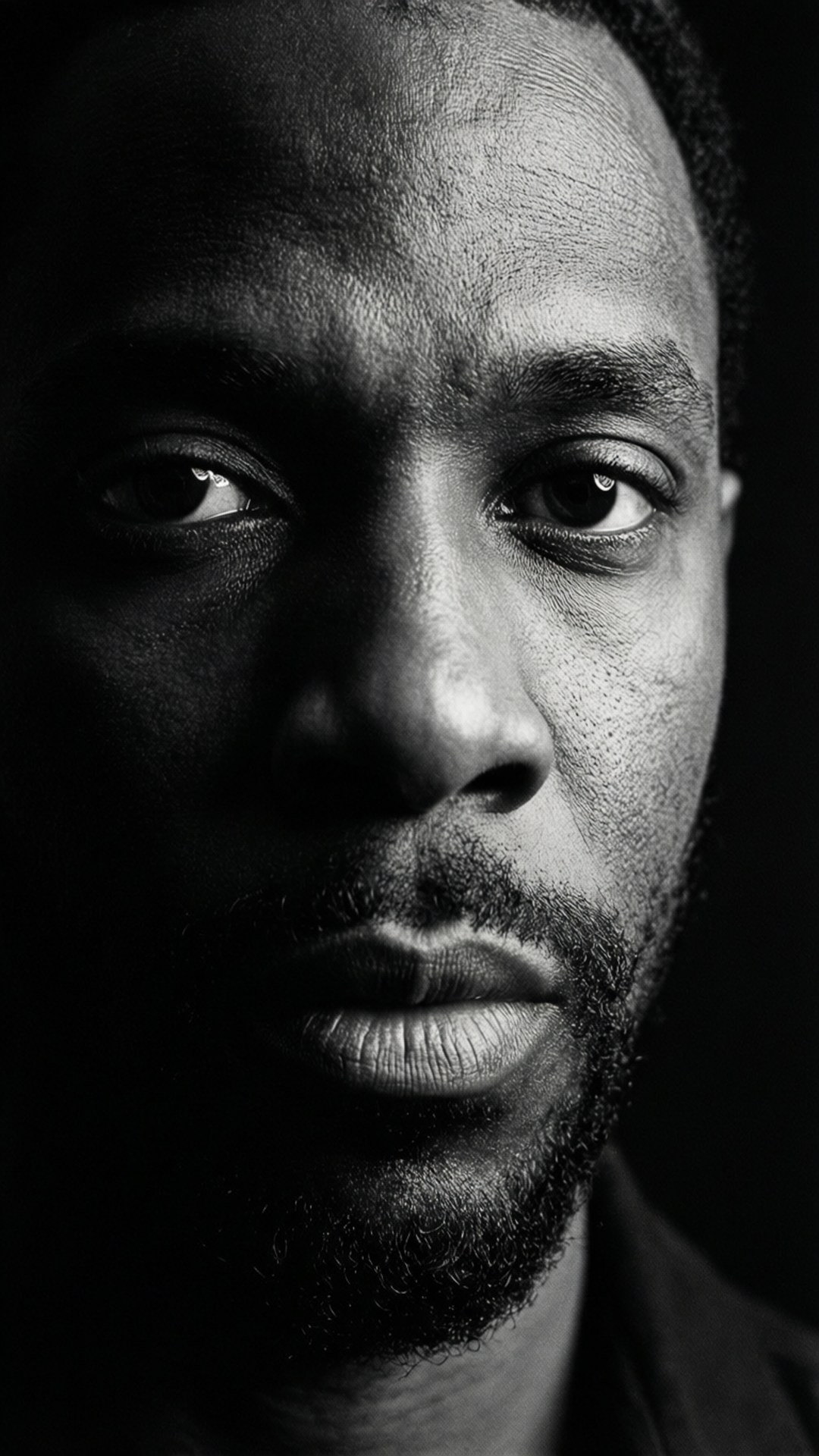 Närbild dramatiskt porträtt av Pharoahe Monch.