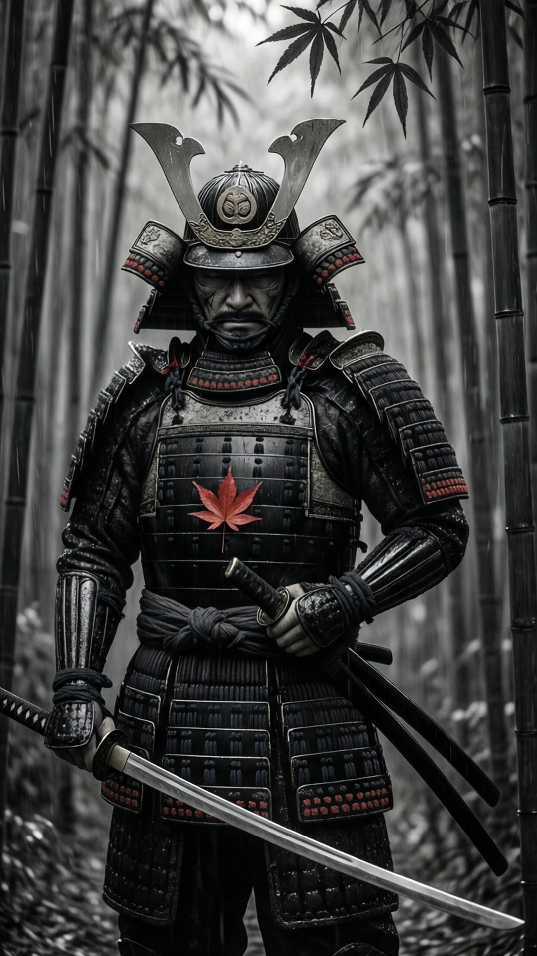 A black-armored samurai in a bamboo forest during rain, minimalist style.