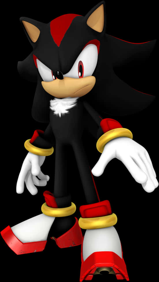 Shadow The Hedgehog Standing Pose Wallpaper — A menacing black hedgehog with red accents and gold rings stands against a stark black background.