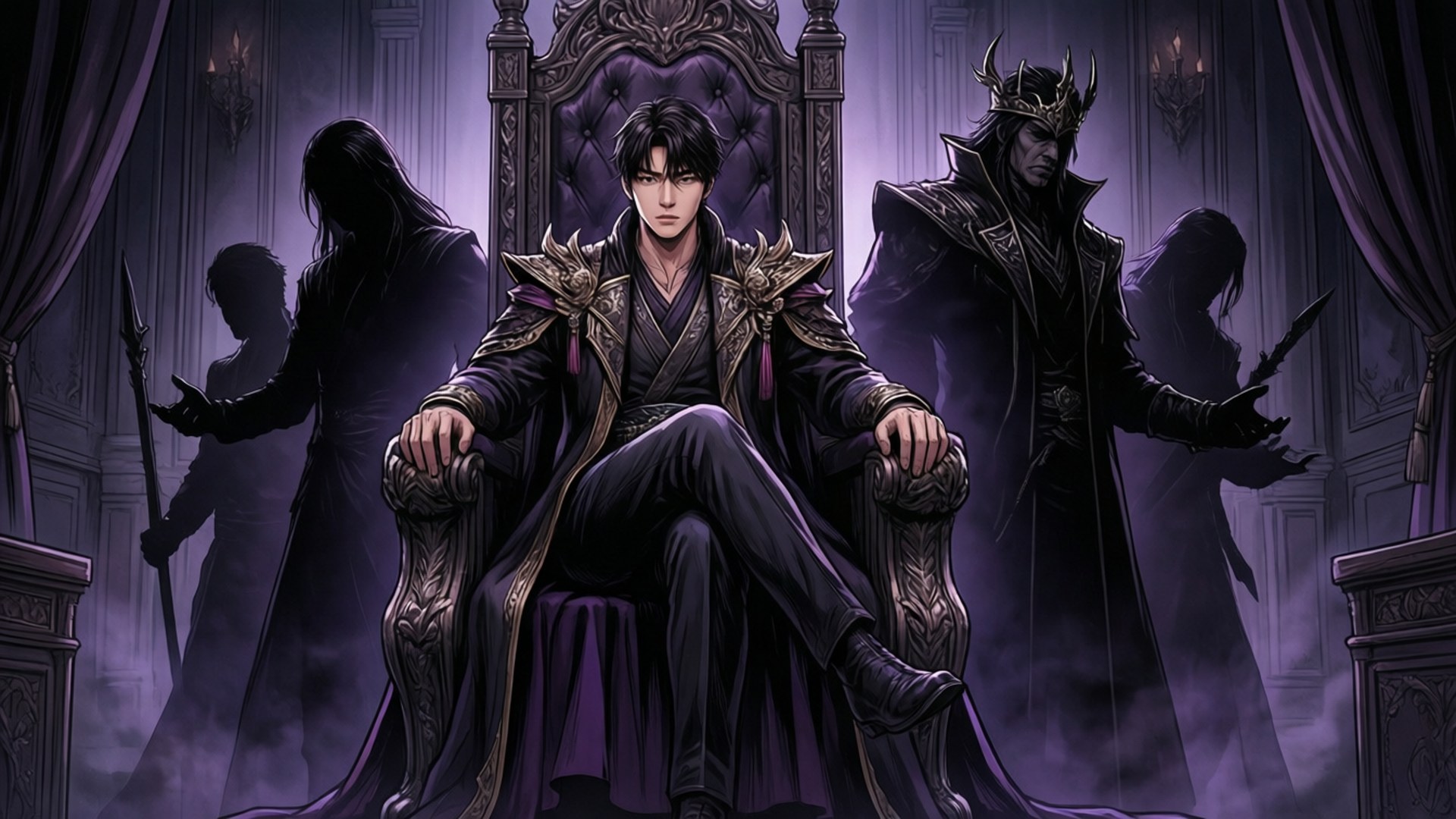 Jin-Woo sits on a shadow throne with his lieutenants around him in a dark hall.