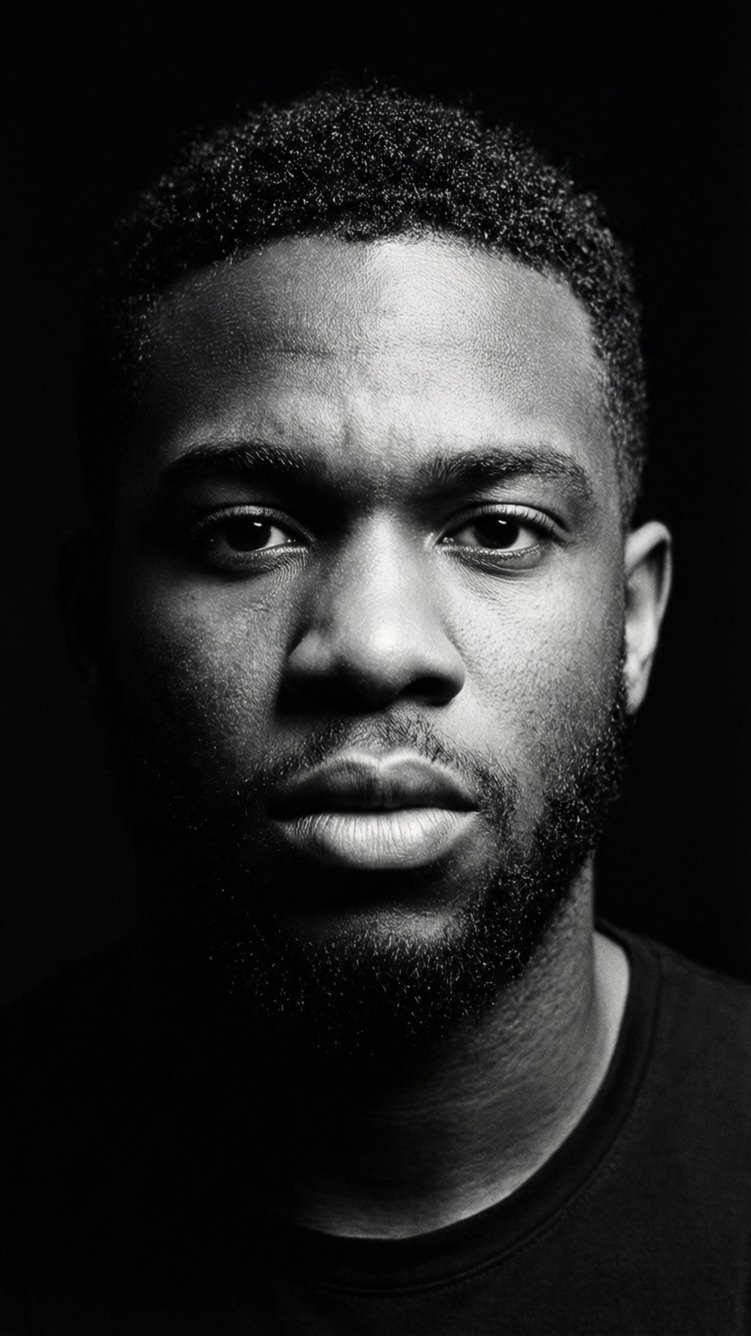 Artistic black and white portrait of Jalen Milroe with high contrast lighting.