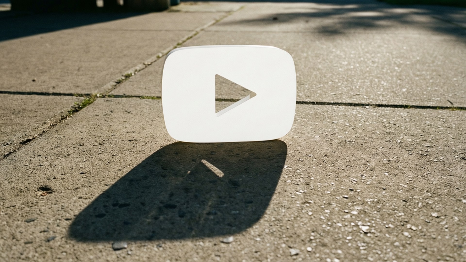 En fotorealistisk hvid YouTube-afspilningsknap, der kaster en lang skygge på et betongulv.
