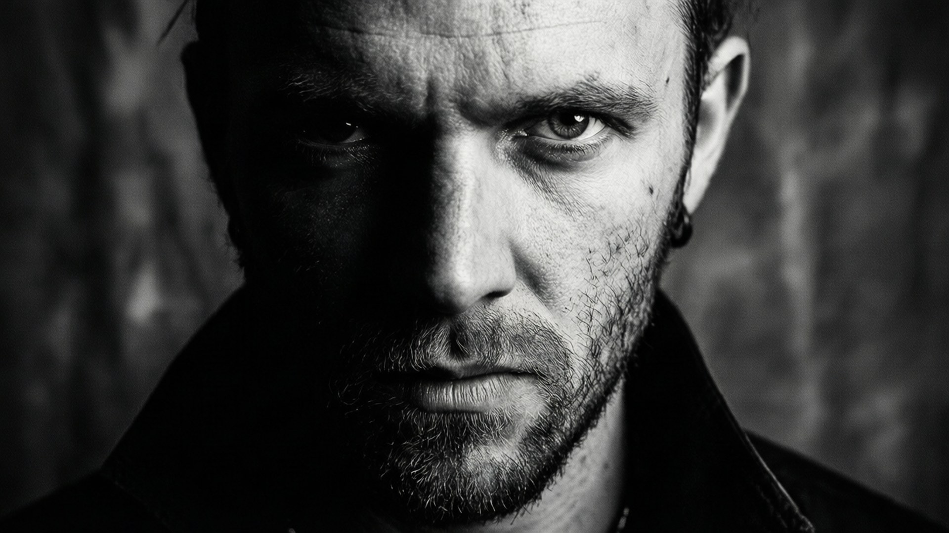 High contrast black and white portrait of Killer Kross with half face in shadow.