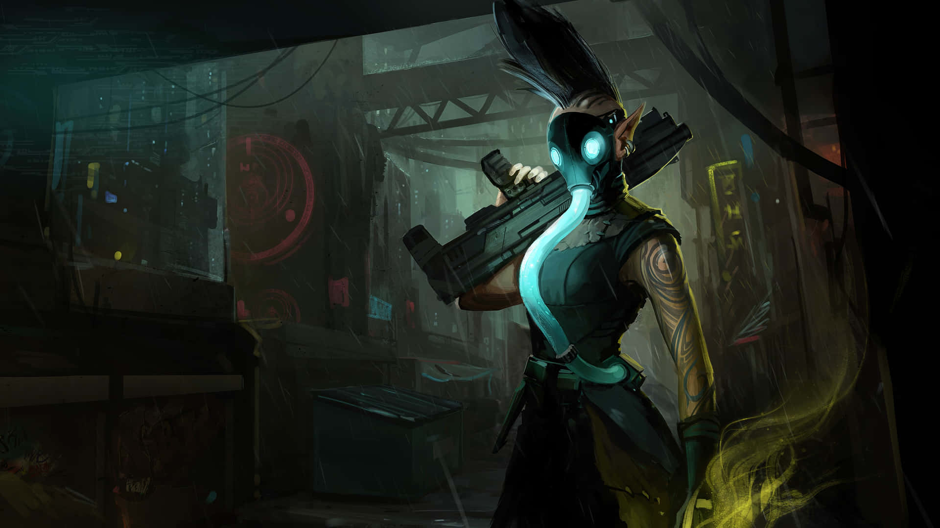 Dyk ind i Shadowrun verden med denne interaktive tapet. Wallpaper