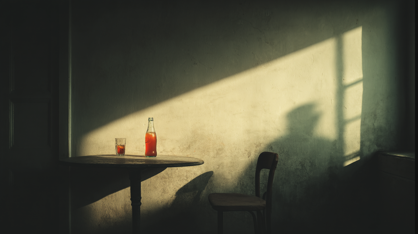 Shadows PNG — A solitary table bathed in warm sunlight casts long shadows across a textured wall beside a wooden chair and a red drink bottle.