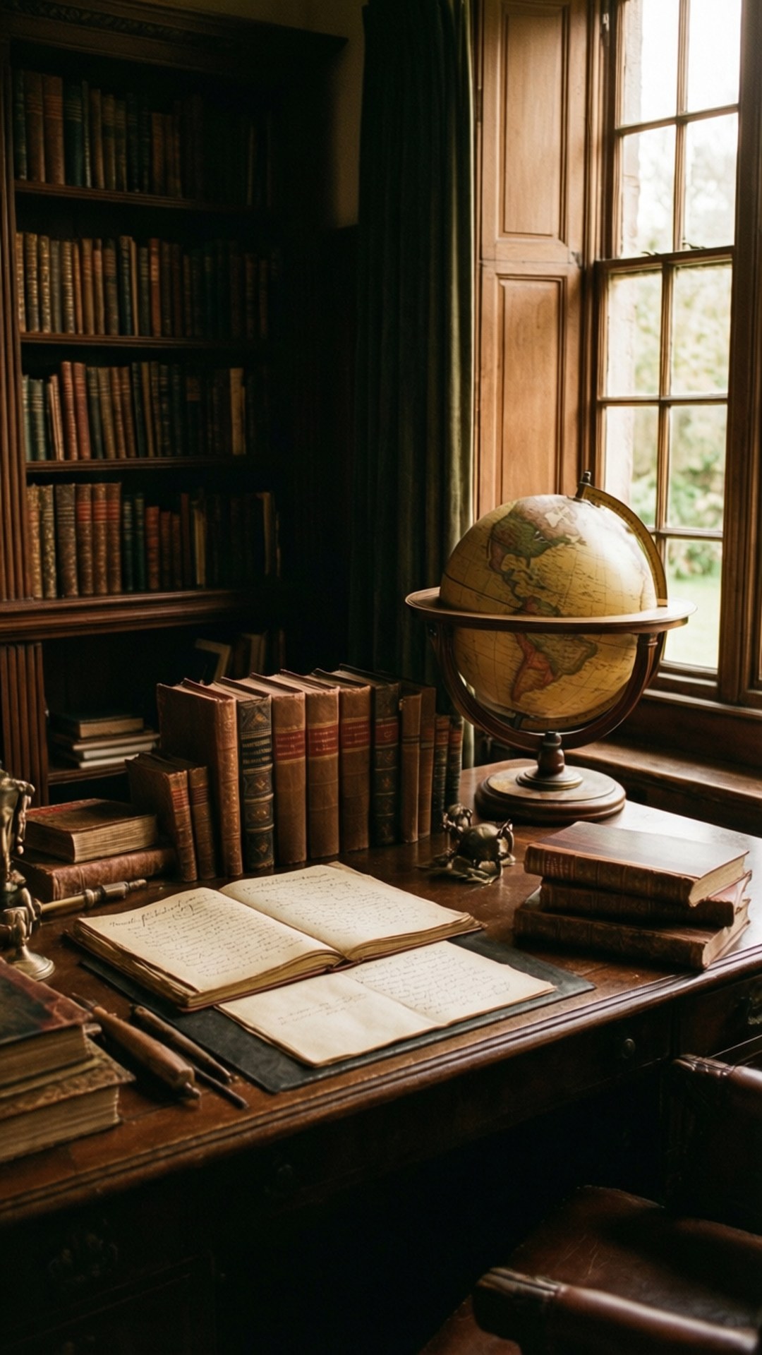 Shakespeare's Study Wallpaper — A sunlit wooden desk in a vintage study holds an open book globe and stacks of leather-bound tomes beside a window.