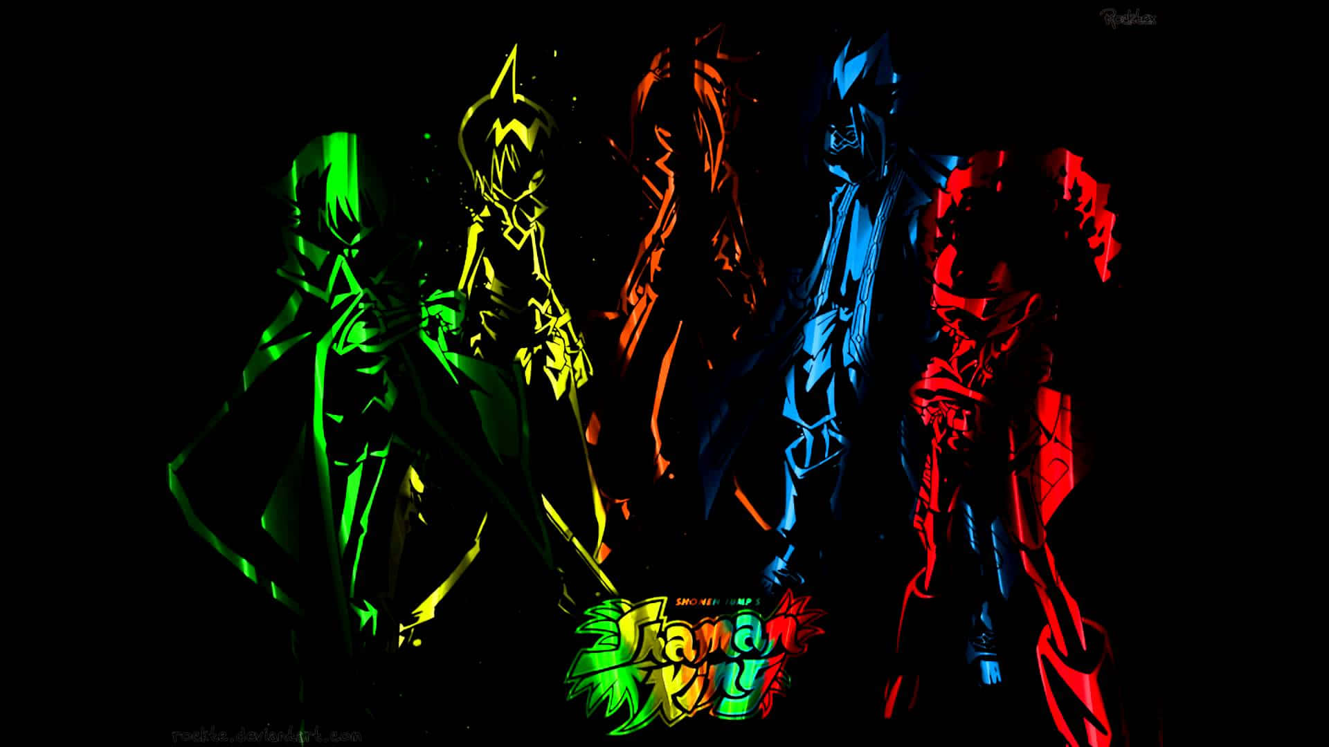 A Group Of People In Different Colors Standing In A Dark Room