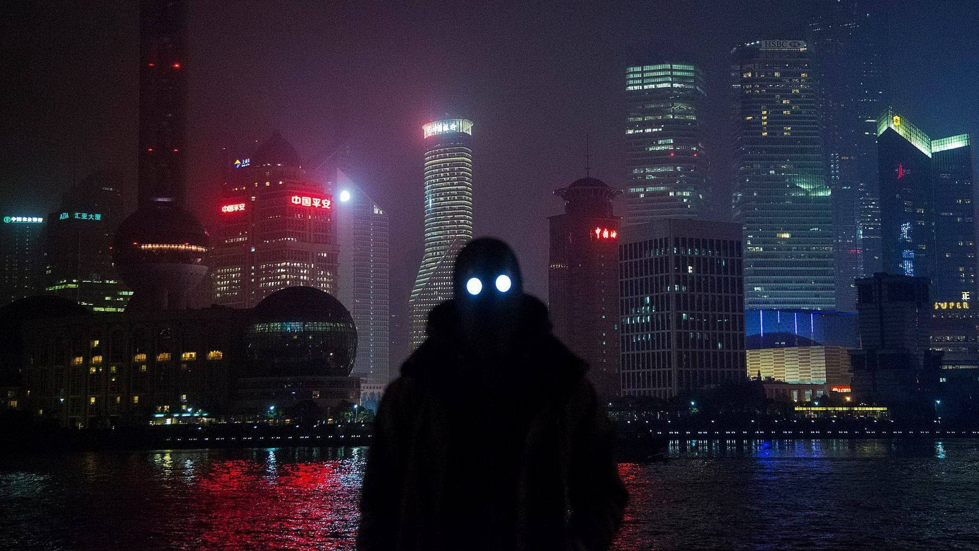 Cyberpunk Futuristic View of Shanghai at Night Wallpaper