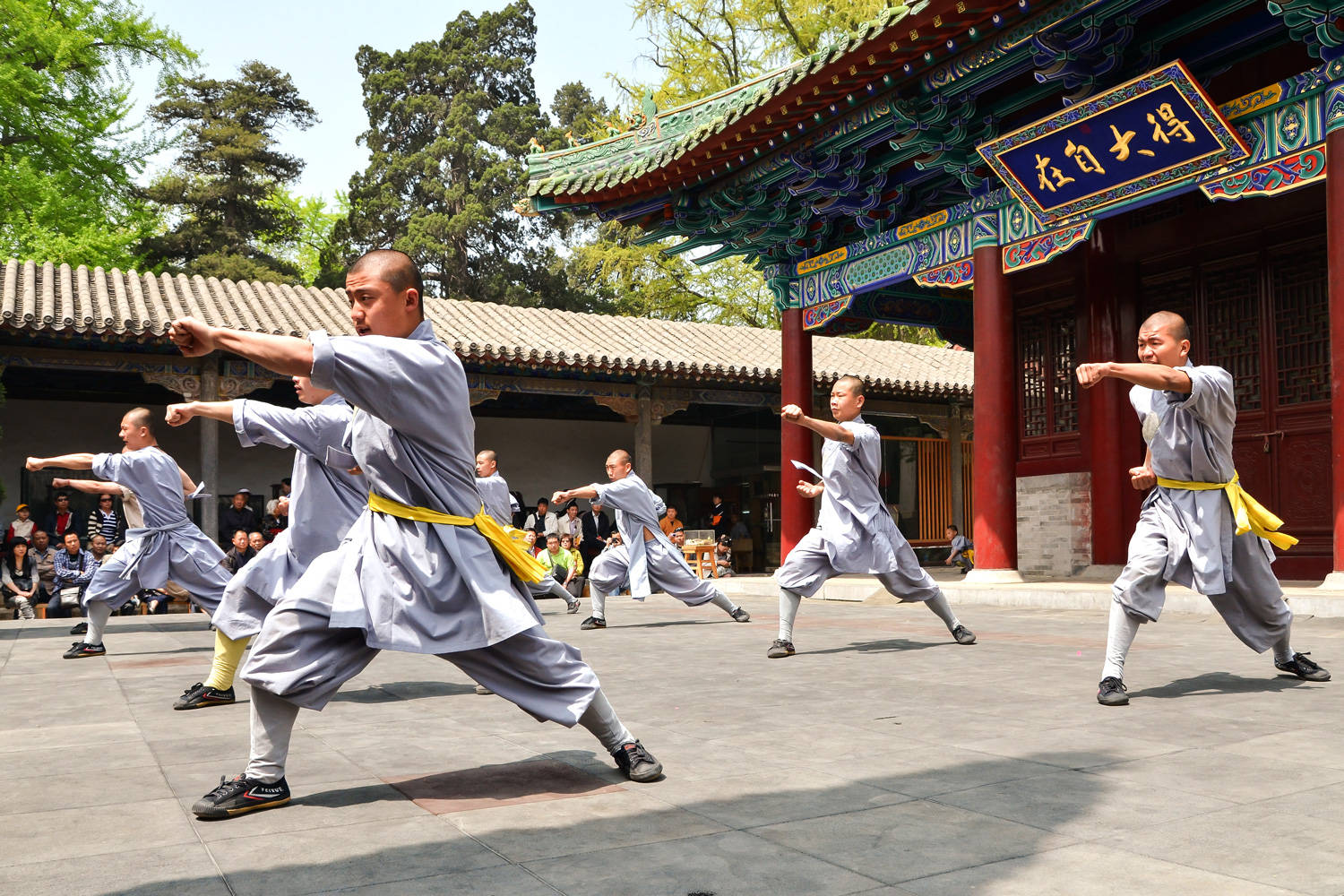 Majestic Display of Kung Fu Skills by Shaolin Temple Monks Wallpaper