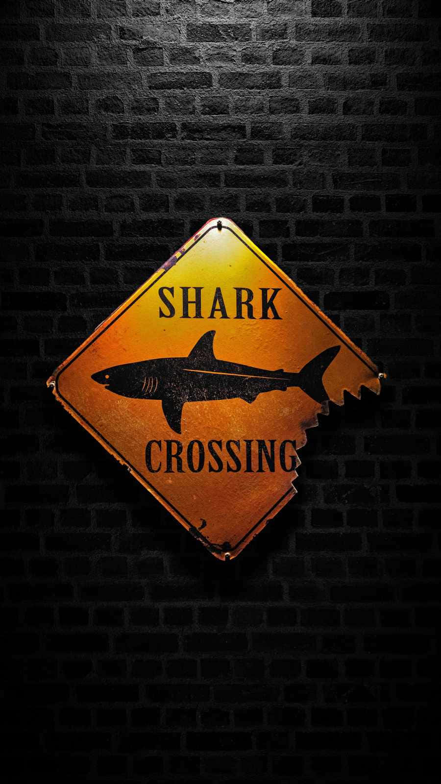 Shark crossing-skilt på en mursten væg Wallpaper