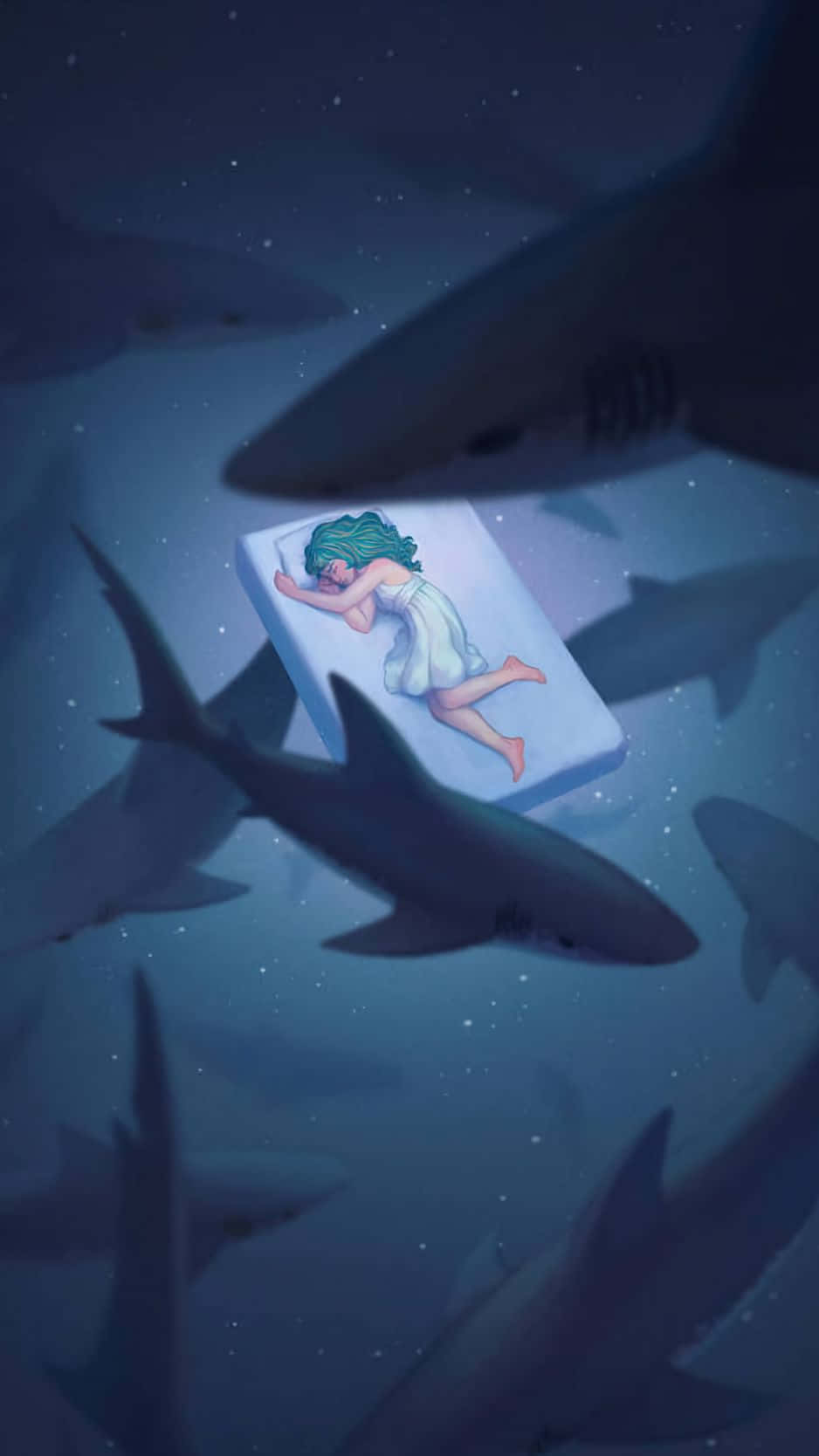 A Girl Is Sleeping In The Ocean With Sharks Around Her Wallpaper