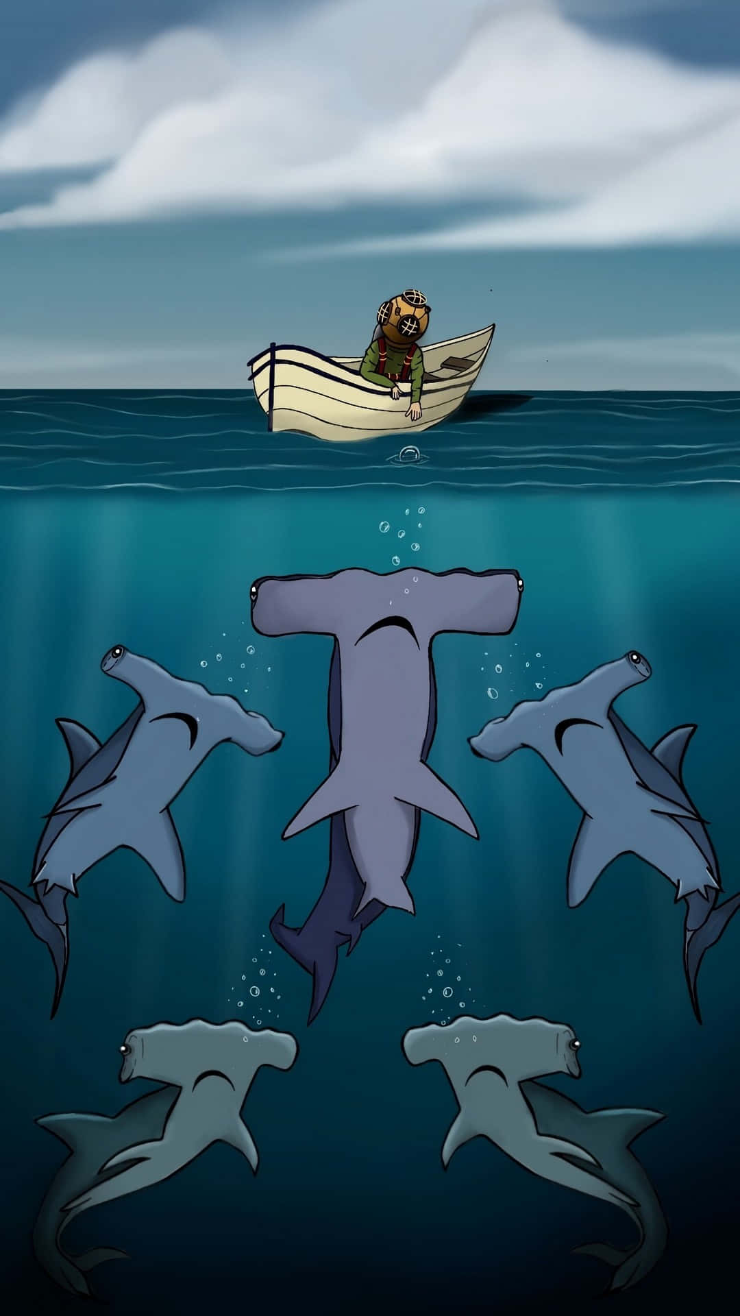 Einecartoon-figur Eines Mannes In Einem Boot Mit Haien. Wallpaper