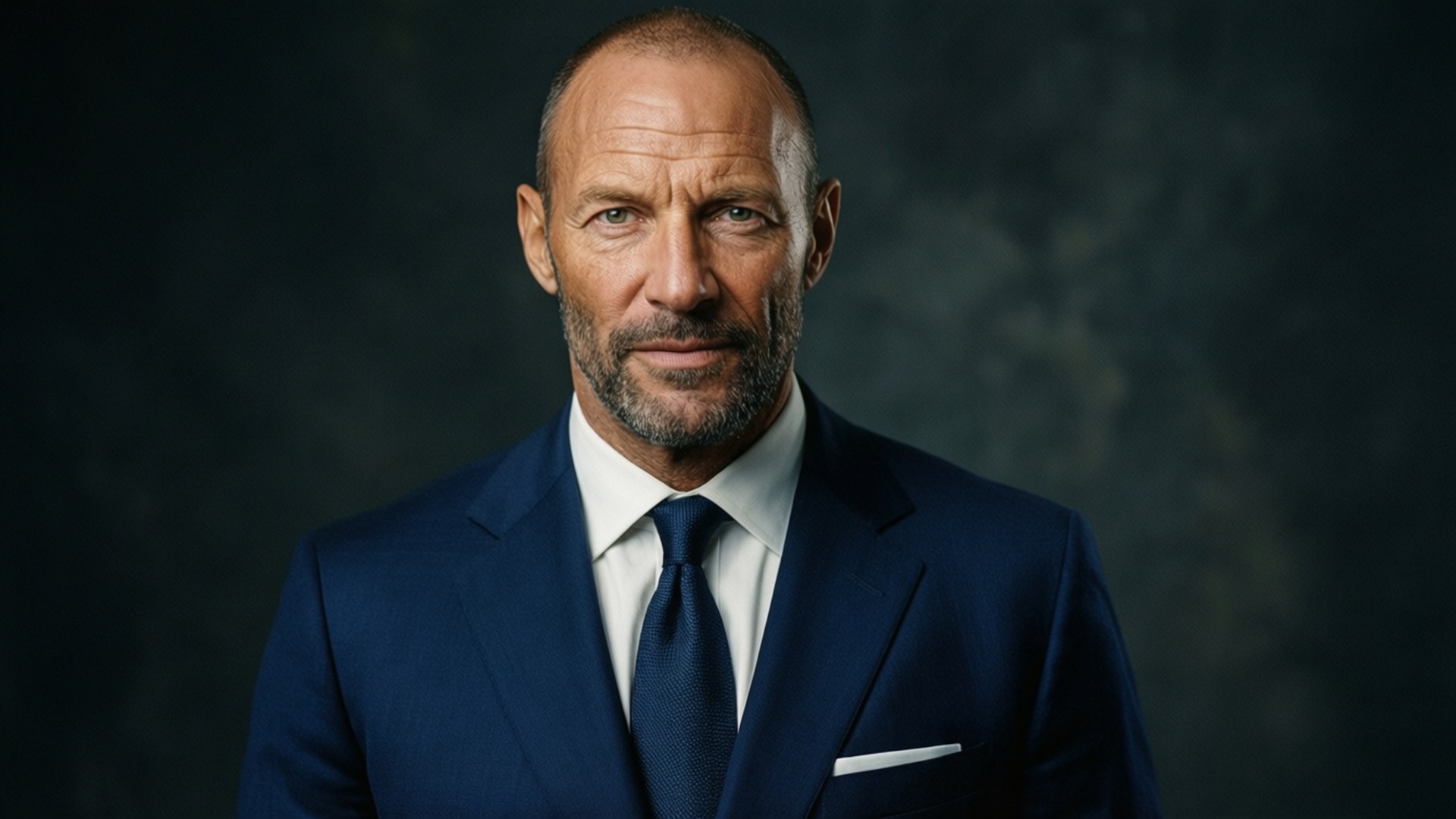 Mark Strong poses in a sharp navy suit with intense gaze, cinematic portrait.