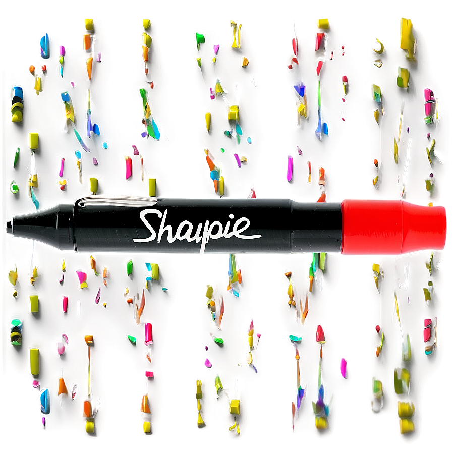 sharpie a PNG — A black Sharpie marker with red cap glows against a backdrop of colorful fragmented light streaks.