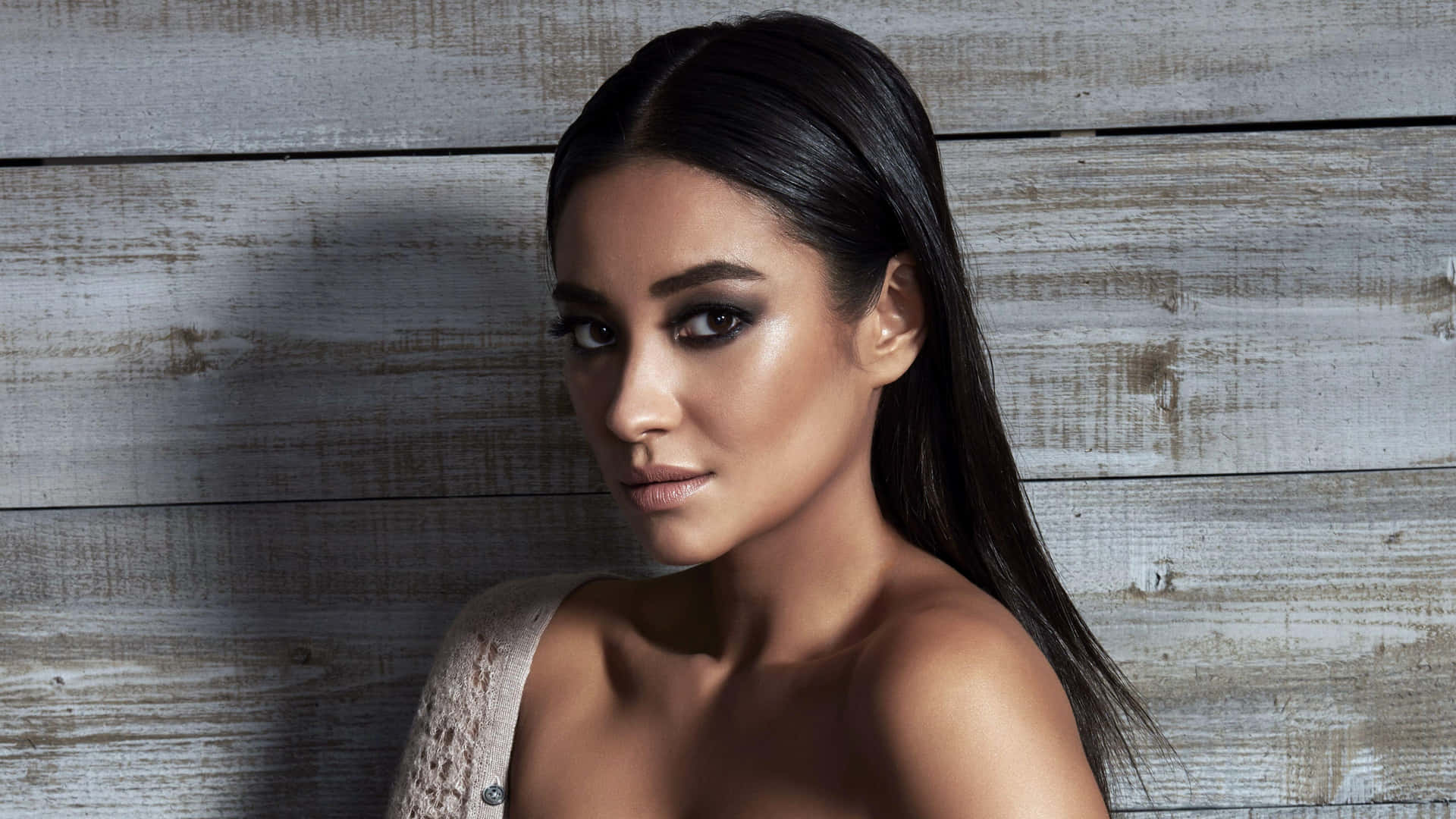 Shay Mitchell Wooden Backdrop Portrait Wallpaper