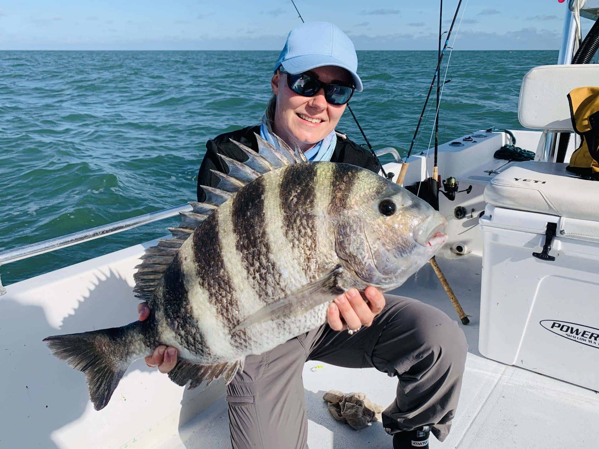 A Man Holding A Large Striped Bass On A Boat