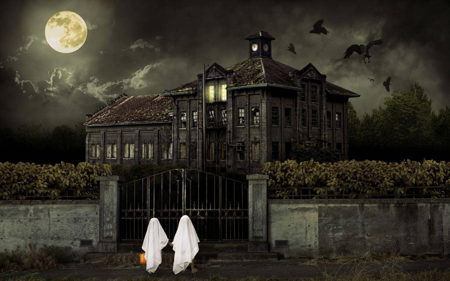 Sheet Ghosts Outside Haunted House Wallpaper
