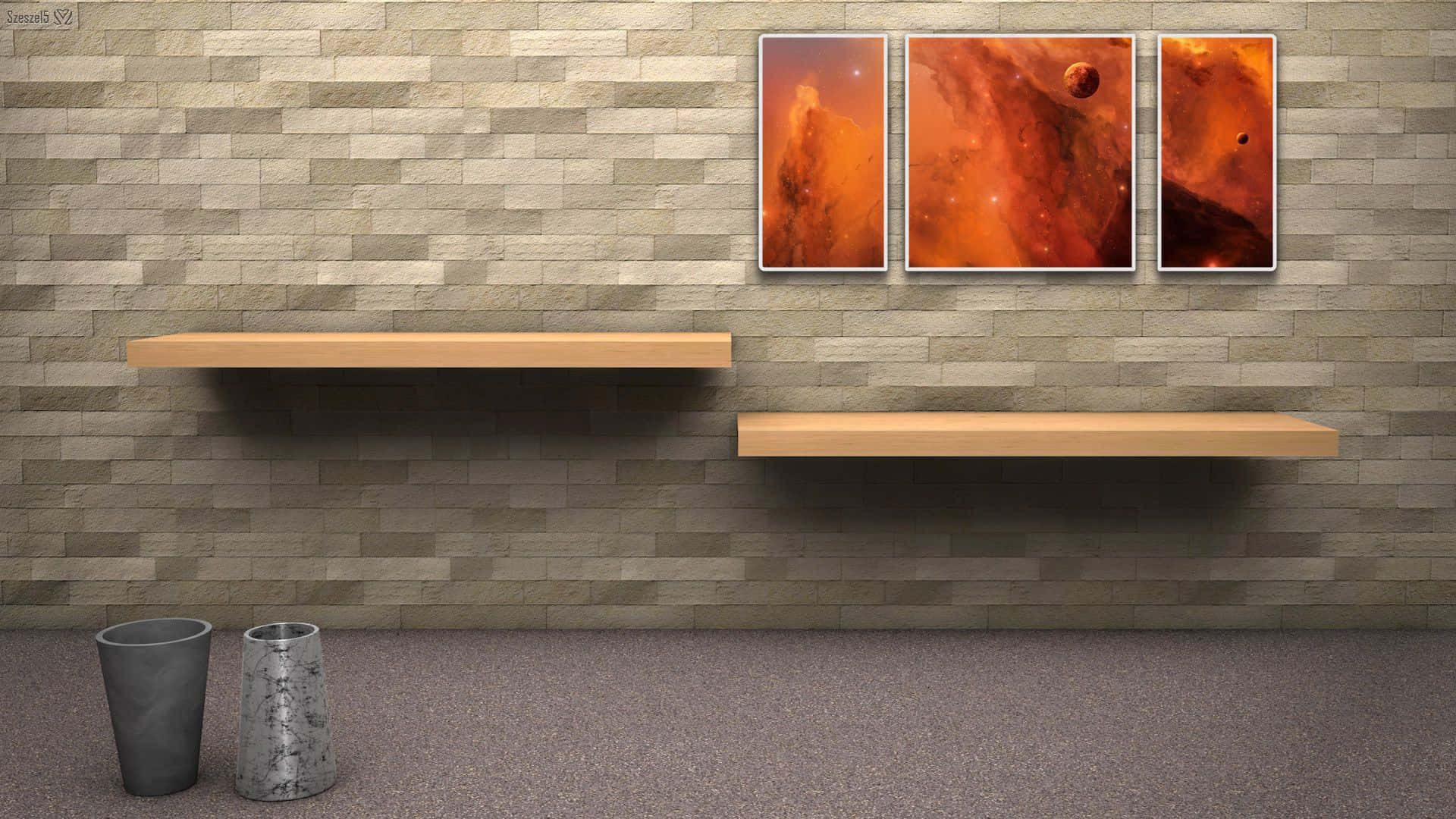 A Wall With A Shelf And A Vase