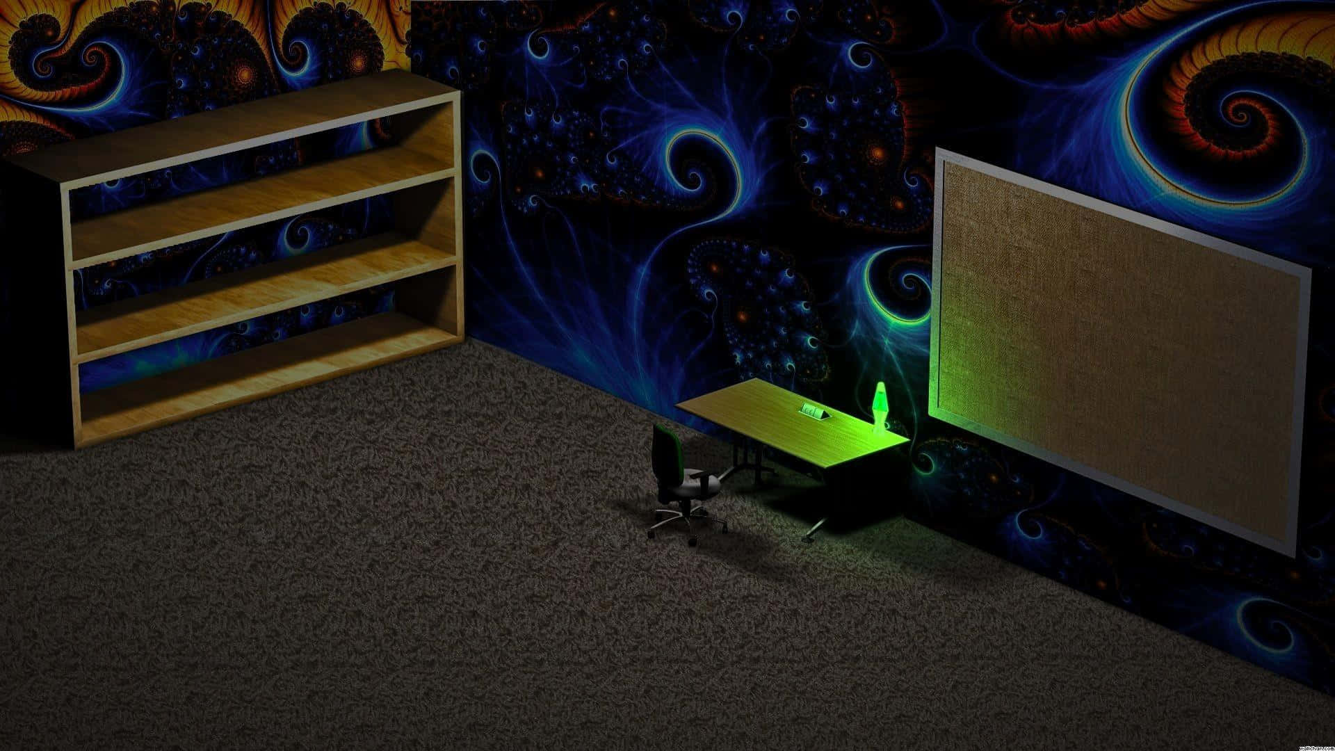 A Room With A Desk And A Green Lamp