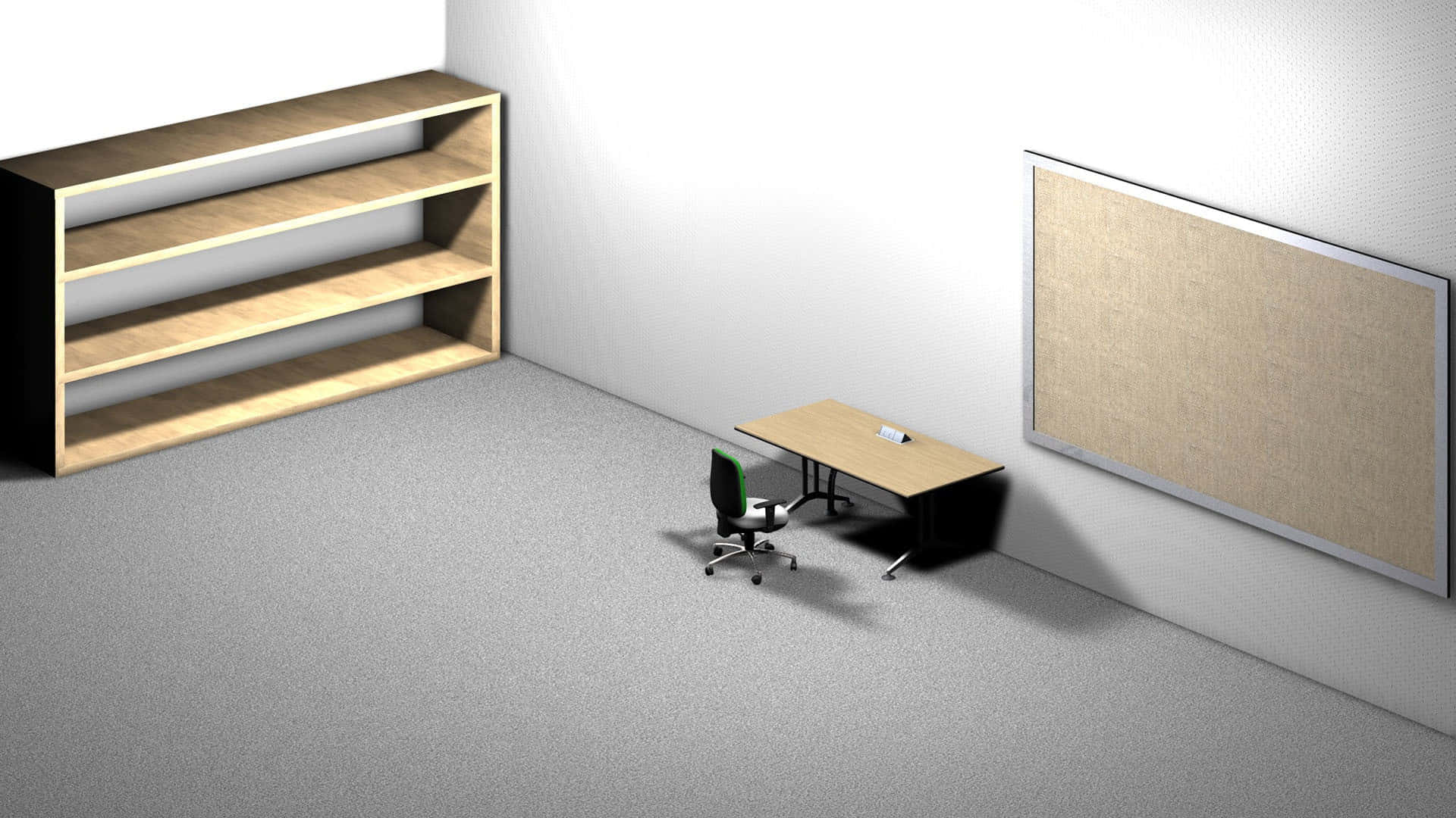 En3d-model Af Et Værelse Med Et Skrivebord Og En Hylde.