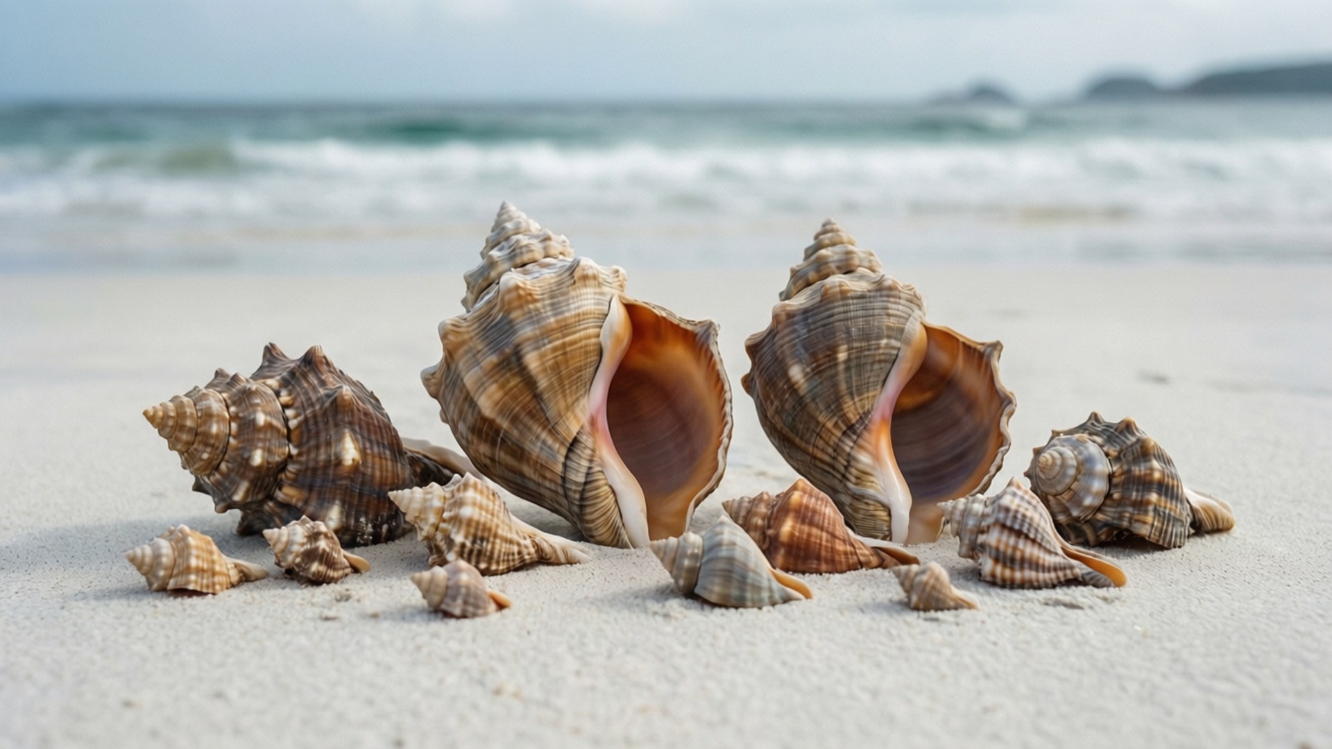 Various seashells scattered on a sandy beach with ocean waves behind. wallpaper