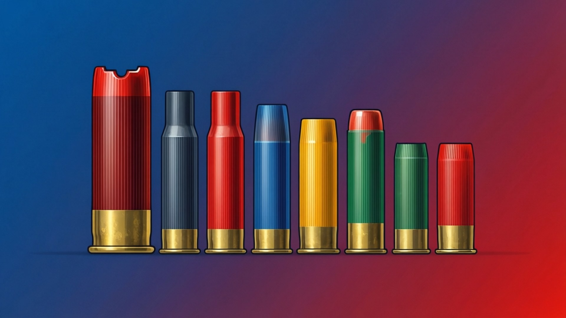 Colorful shotgun shells arranged in a row against a gradient background. wallpaper