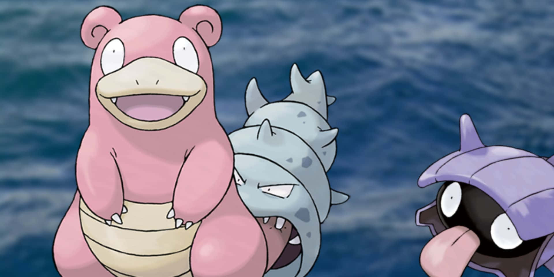 A captivating depiction of Shellder closely interacting with Slowbro in their habitat. Wallpaper