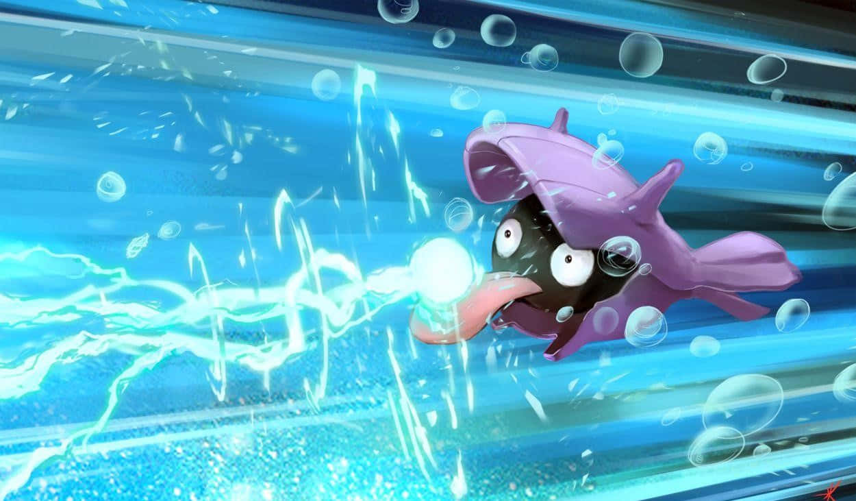 Shellder Unleashing Water Attack Wallpaper — A purple anime fish Pokémon shoots a bright electric bolt underwater surrounded by bubbles and light streaks.
