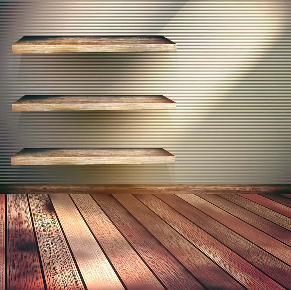 Three Wooden Shelves In A Room With A Light Shining On Them