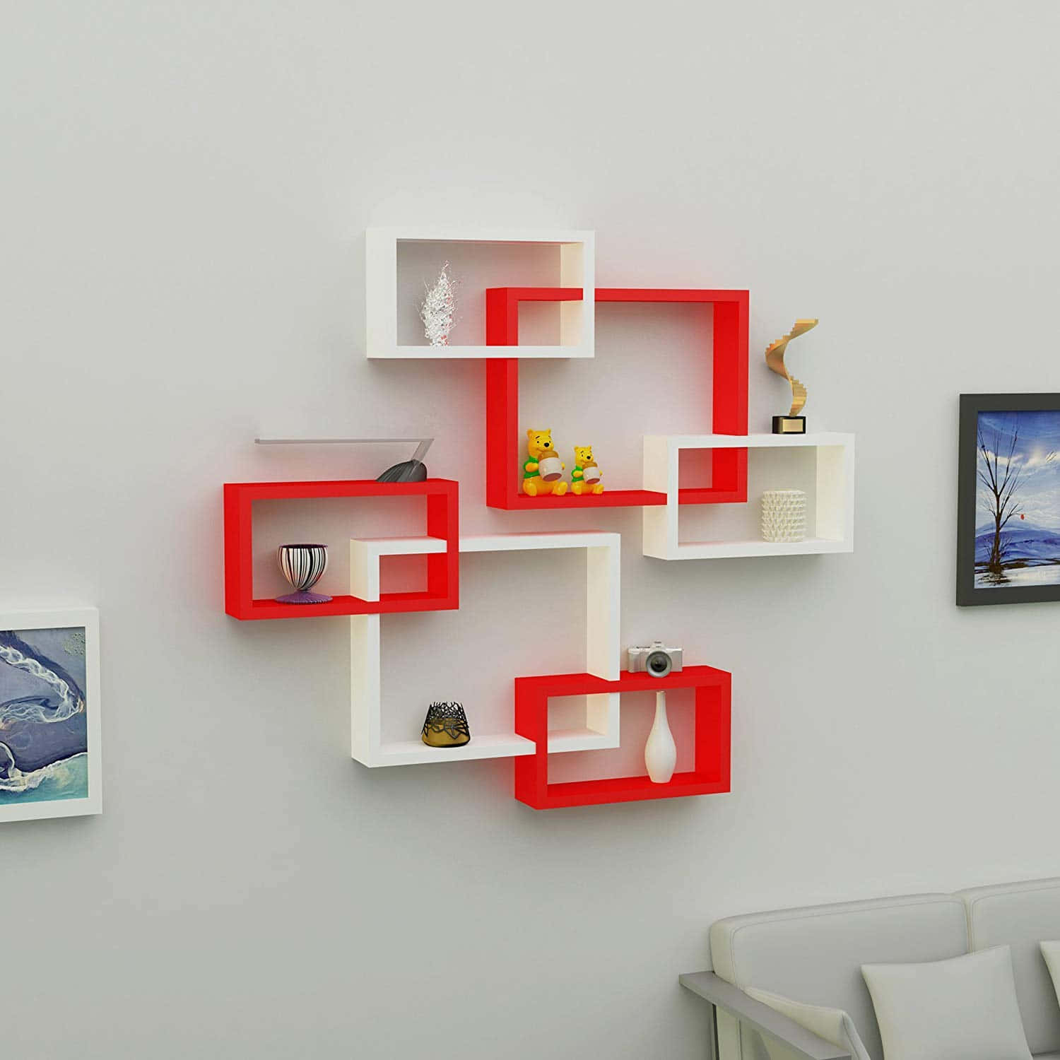 A Living Room With A Red And White Shelf
