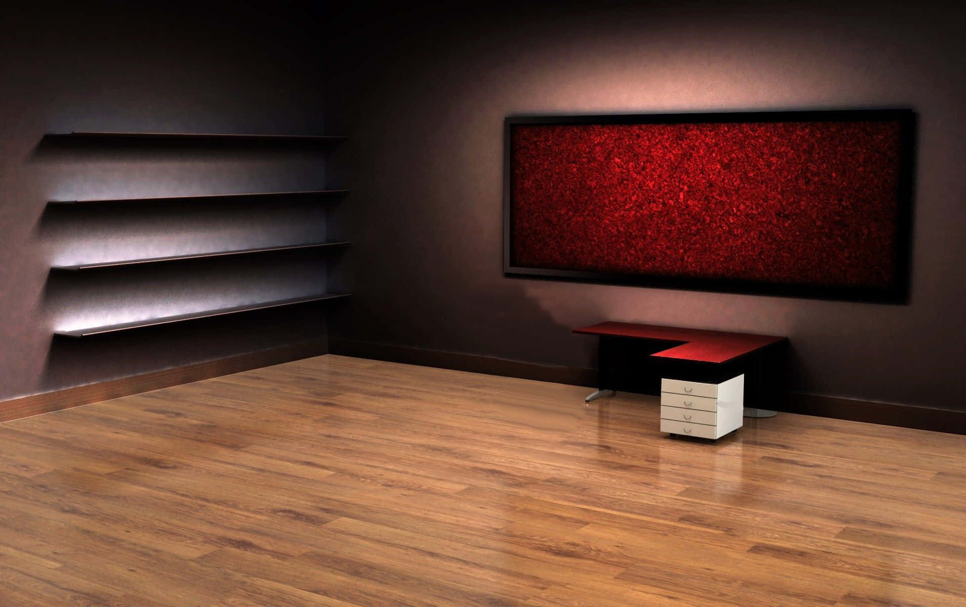 A Room With A Red Tv And Shelves