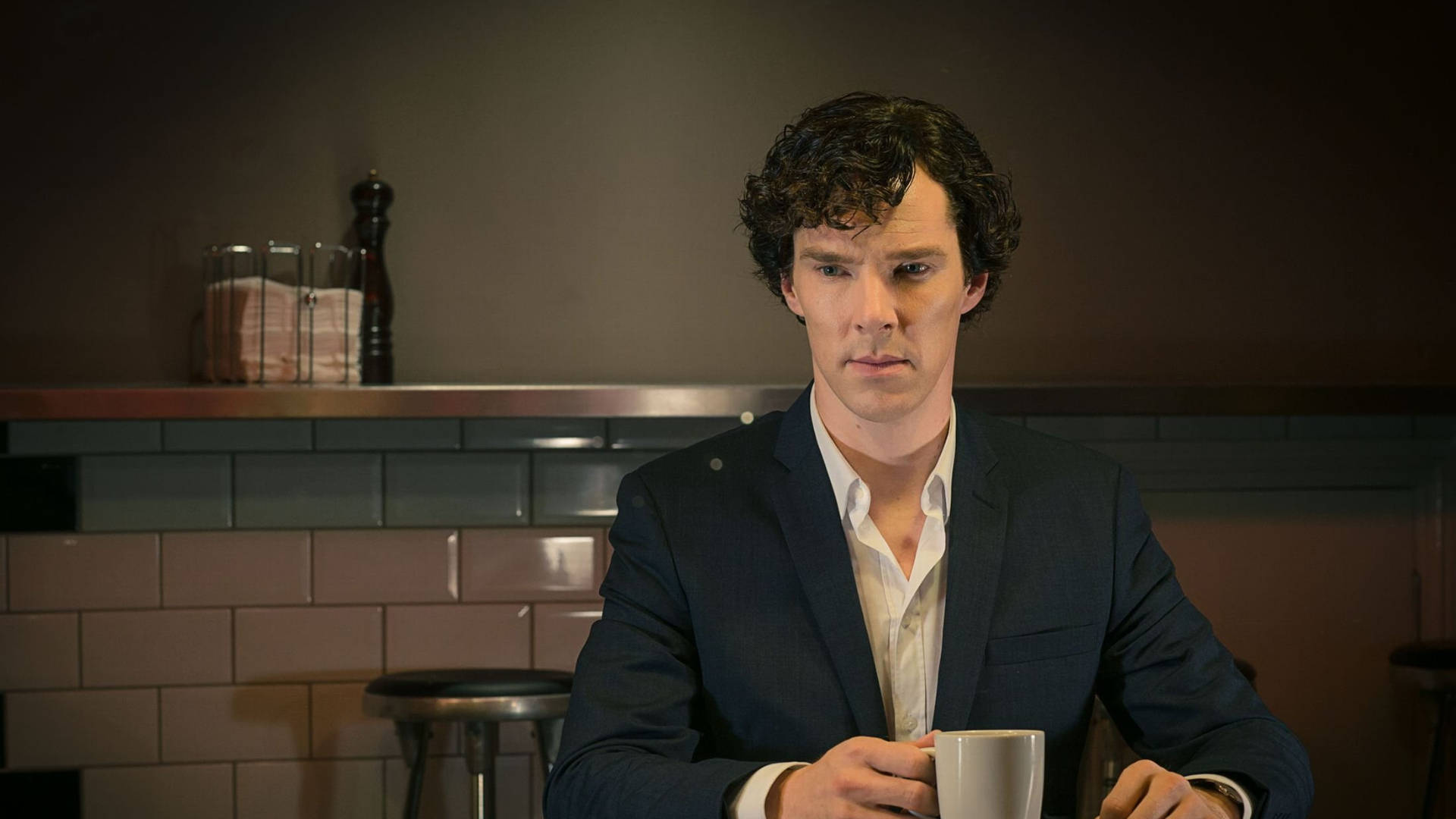 Download Sherlock Holding Coffee Cup Wallpaper 