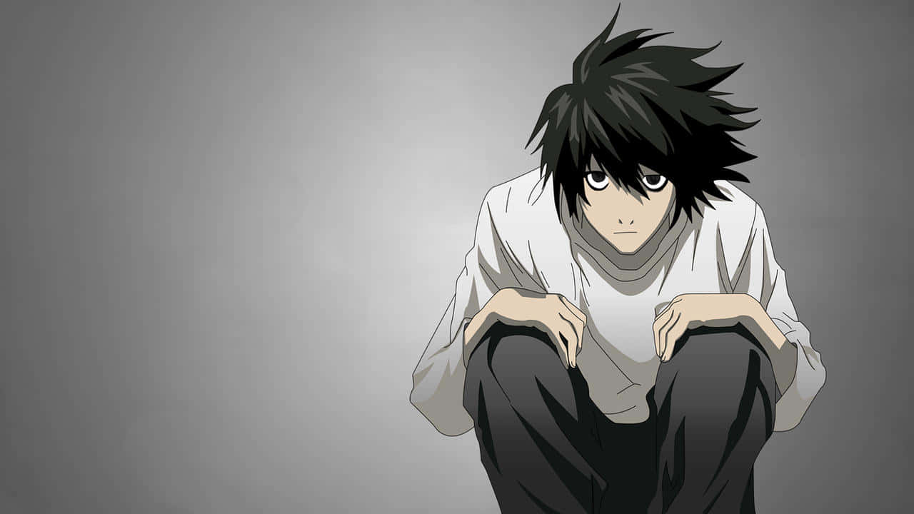 A Black Anime Character Sitting Down On The Ground Wallpaper