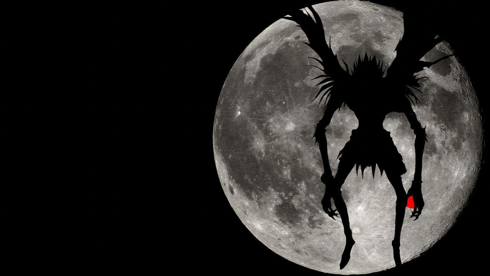 A Silhouette Of A Demon Standing In Front Of The Moon Wallpaper