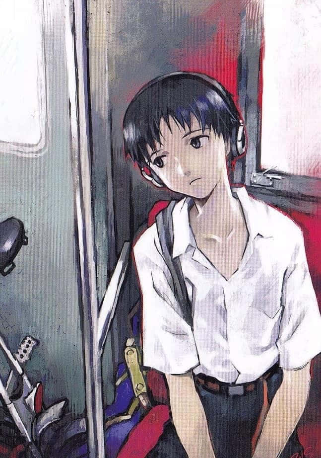 Shinji Ikari standing pensively in an urban landscape. Wallpaper