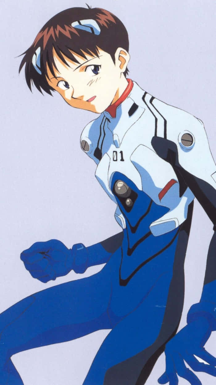 Caption: Shinji Ikari in his iconic plug suit, poised for action. Wallpaper