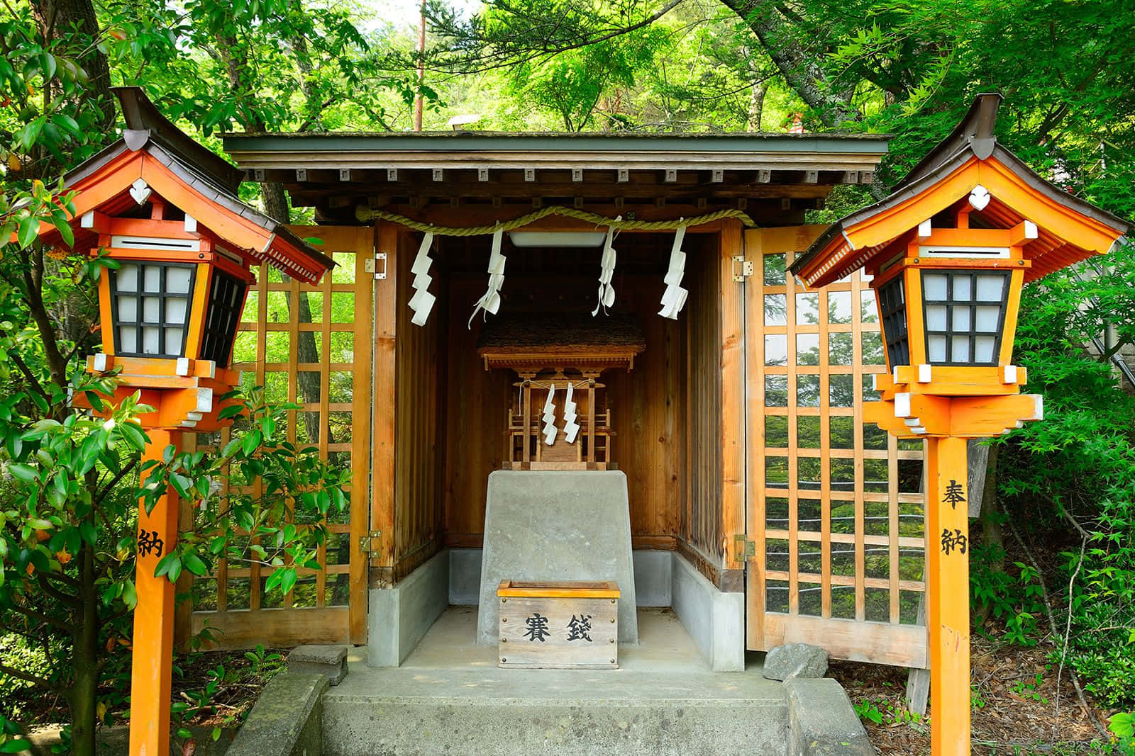 A serene Shinto shrine surrounded by a lush forest Wallpaper