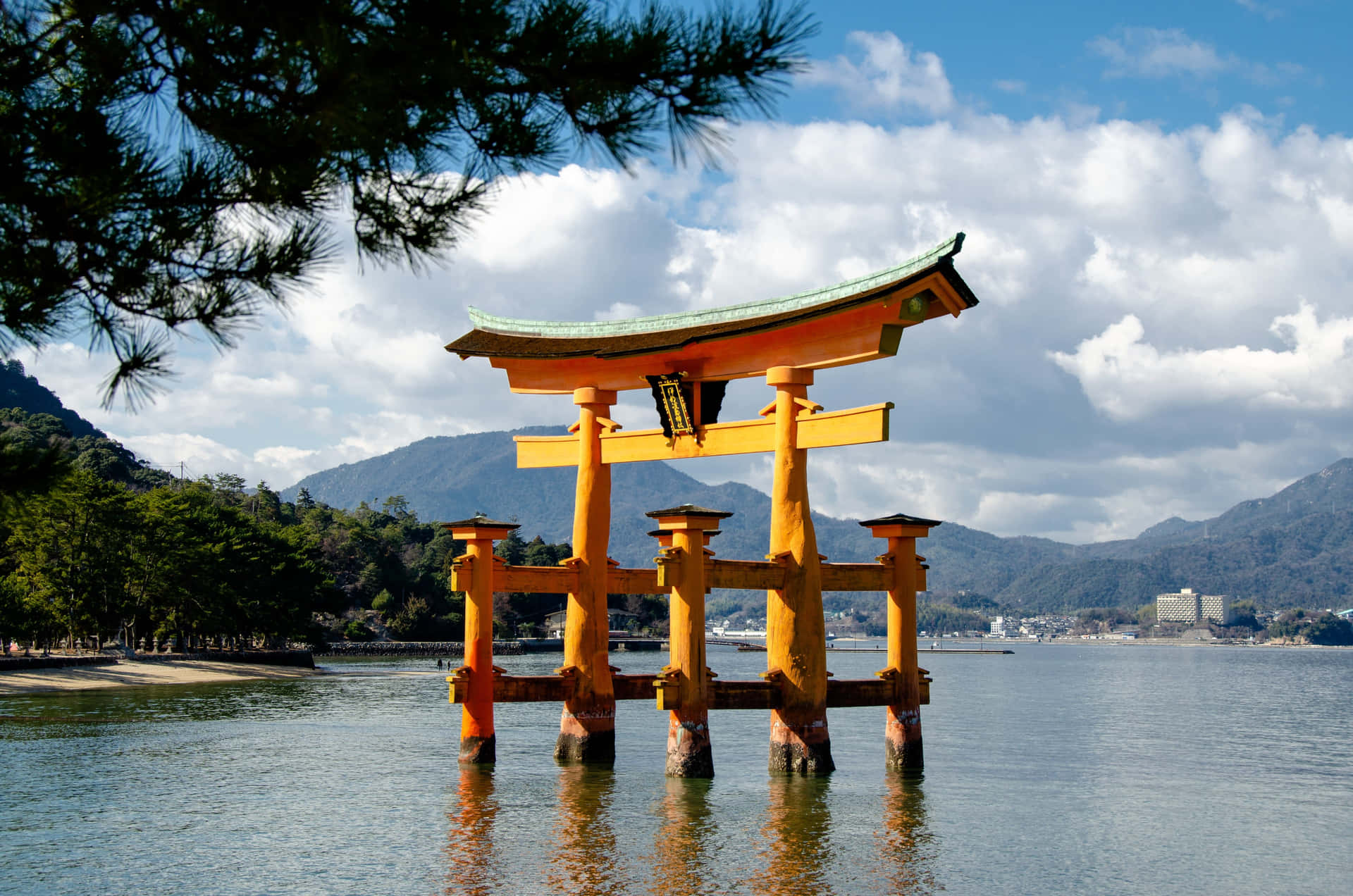 Serene Torii-poort Bij Het Water Achtergrond