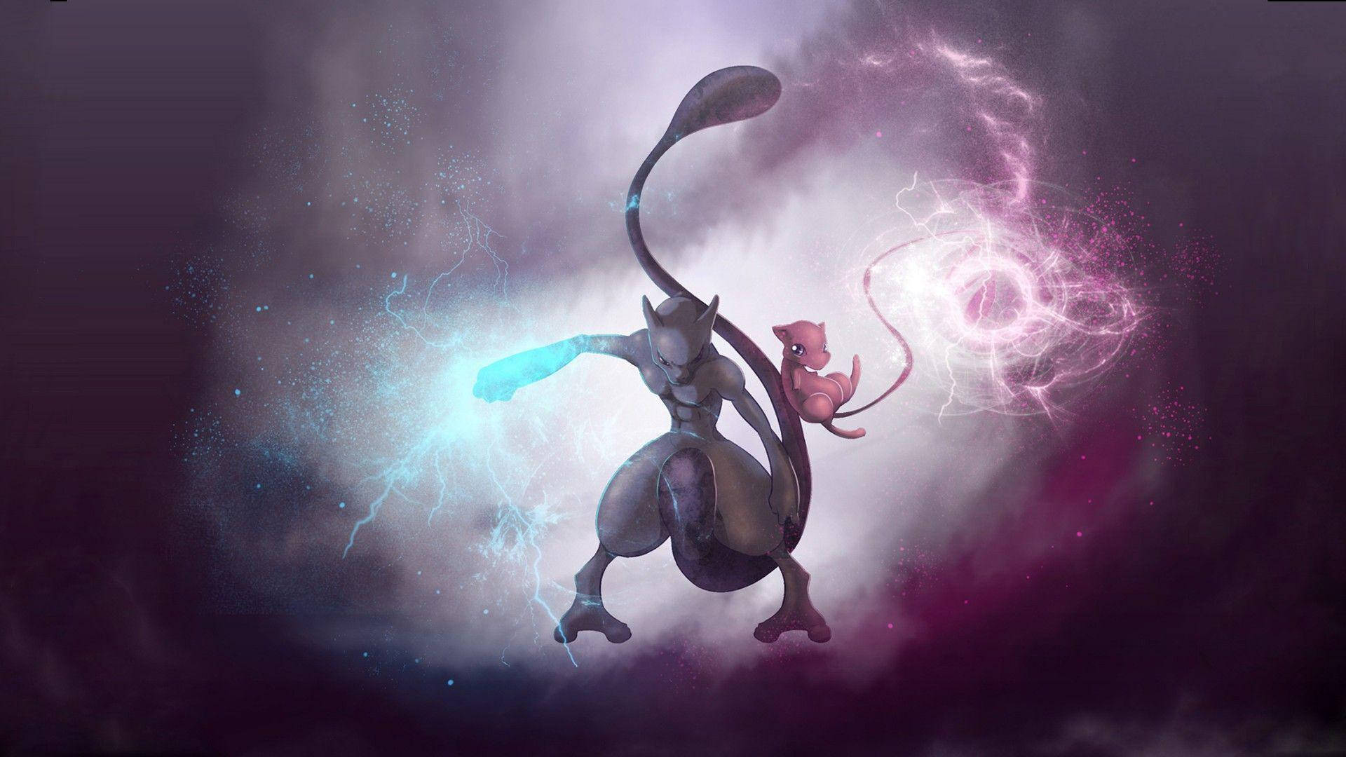 Shiny Mewtwo Unleashing a Powerful Lightning Punch Wallpaper