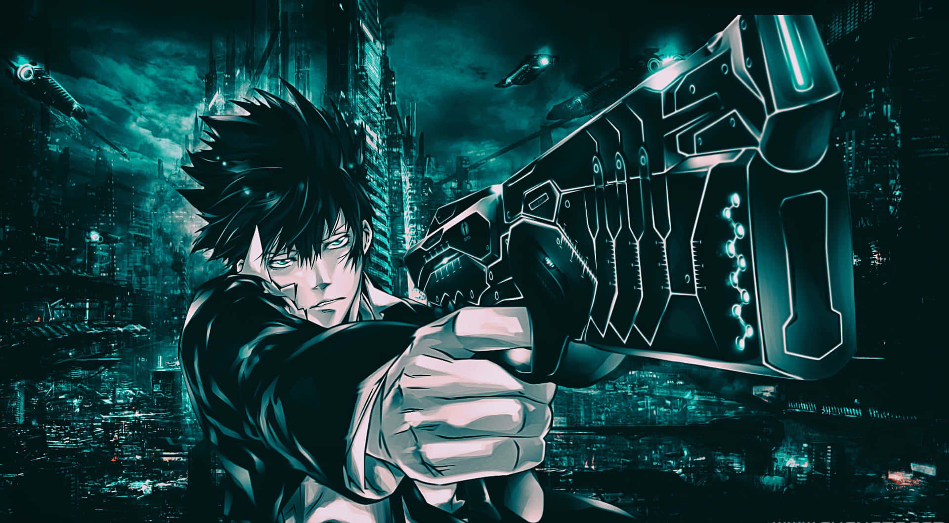 Shinya Kogami with a fierce expression against a dystopian city backdrop Wallpaper