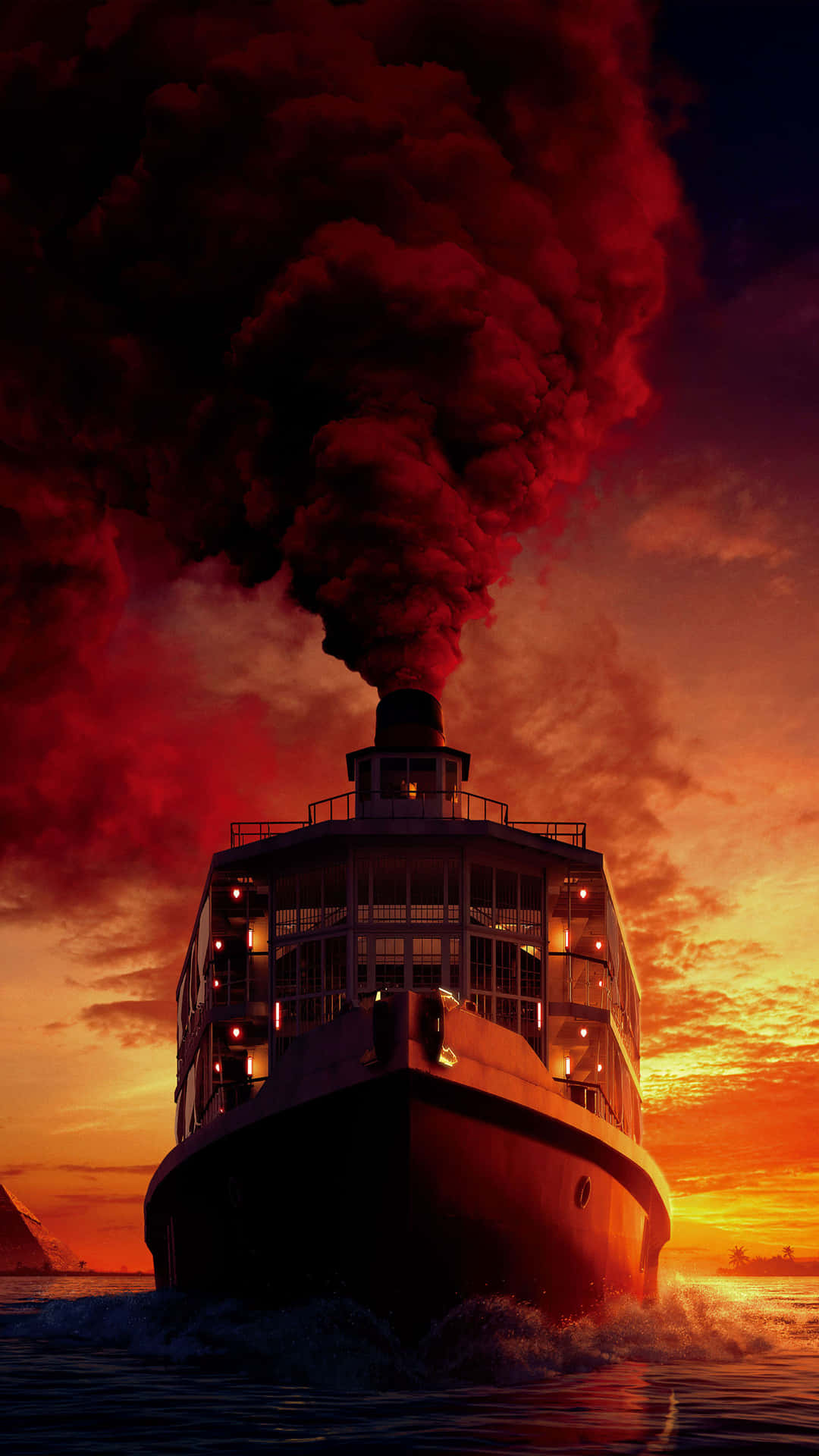 A large cruise ship sits in the open sea, white and blue against a vibrant orange sky