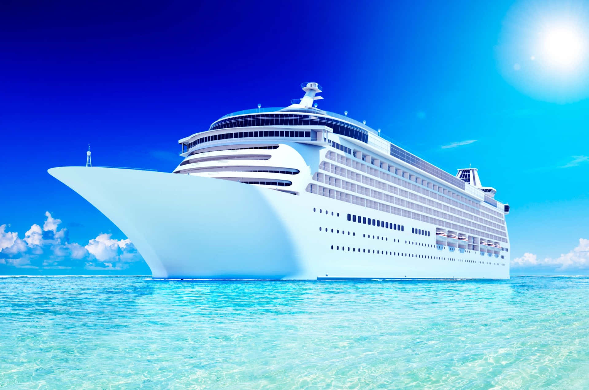 Surrounded by sapphire blue waters, a luxurious cruise ship glides against a bright sky