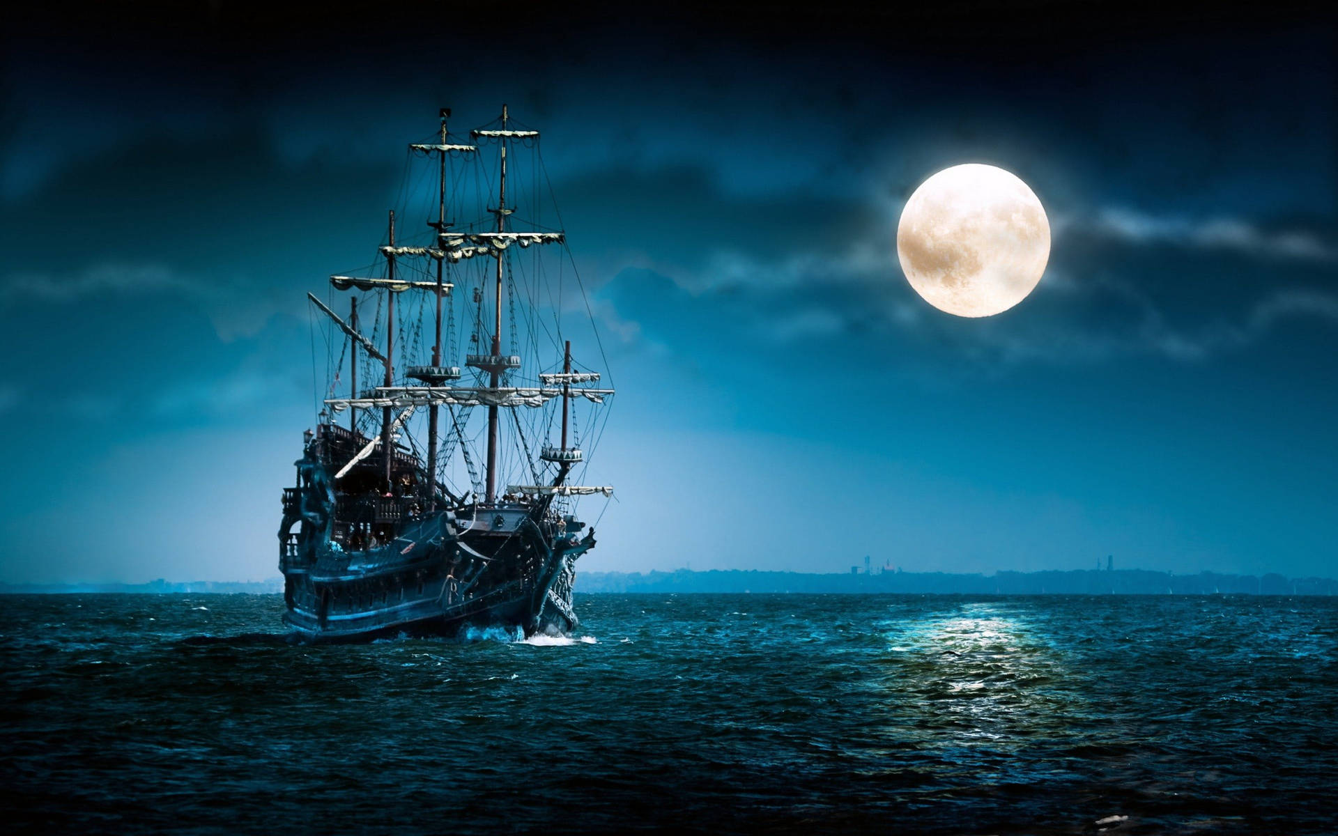 Ship With Full Moon Wallpaper