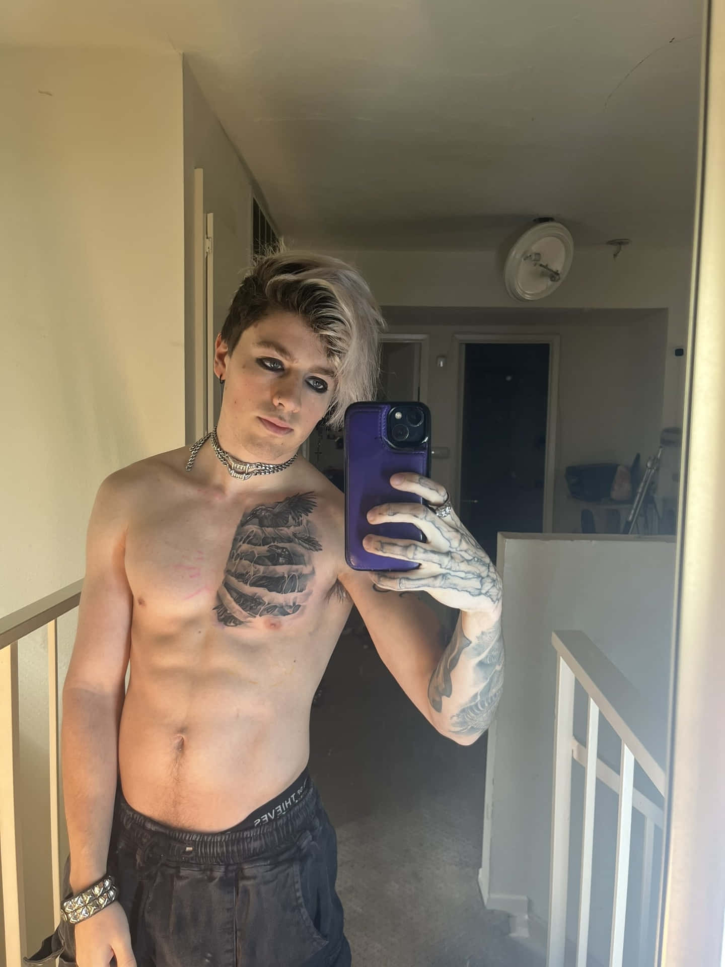 Shirtless Tattooed Man Mirror Selfie Wallpaper