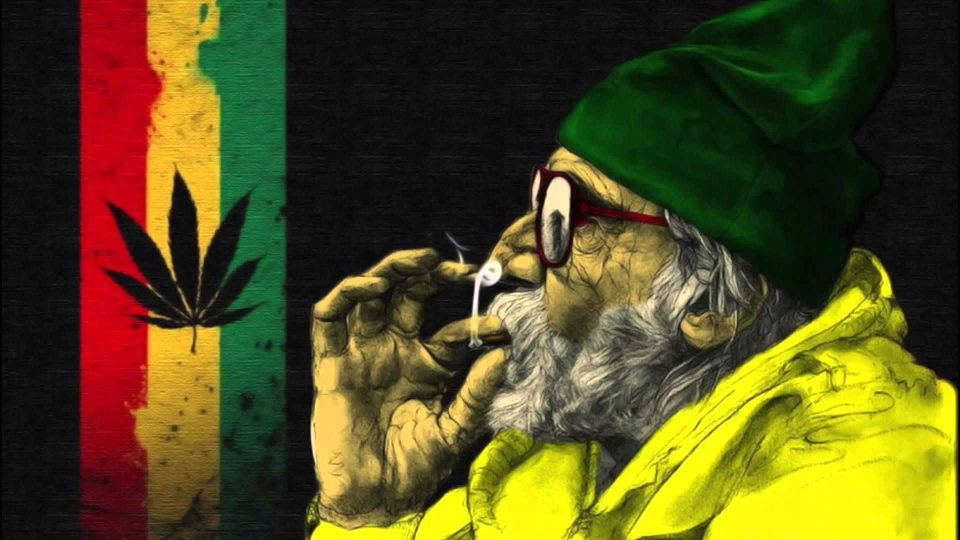 A Man Smoking A Cigarette With A Rasta Flag Wallpaper