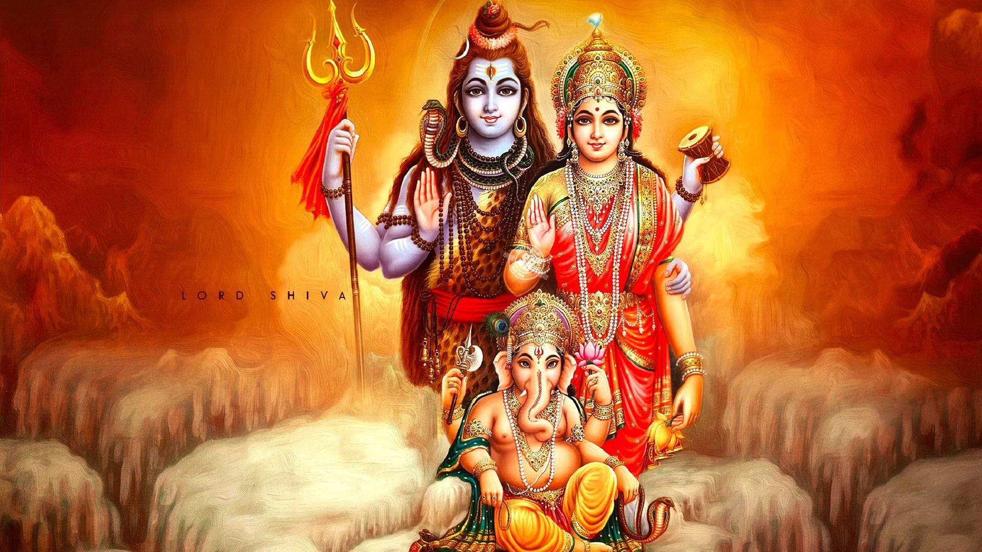 Shiva Parvati Ganesha Red And Orange Backdrop Wallpaper