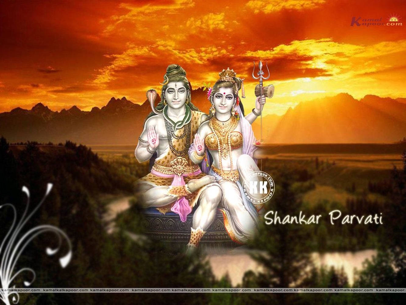 Shiva Parvati ved orange solnedgang tapet Wallpaper