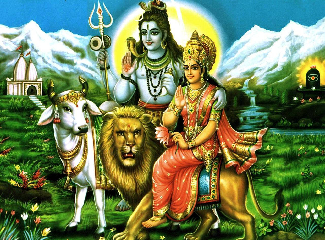 Shiva Parvati Ridning Løve Og Ko Wallpaper