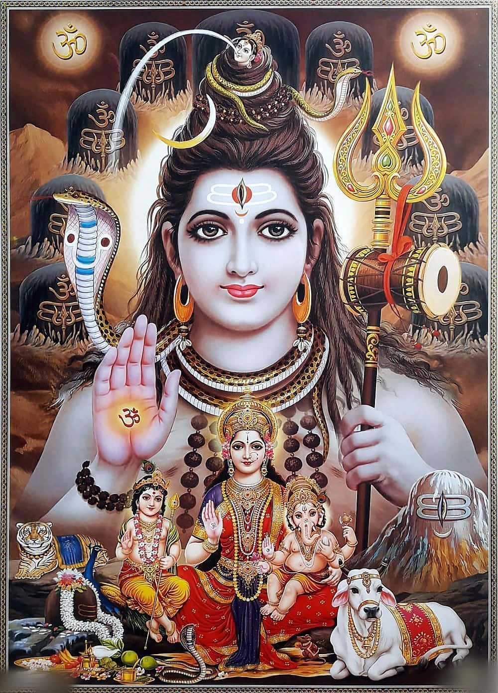 Enmålning Av Lord Shiva Med Sin Mor Och Andra Gudar