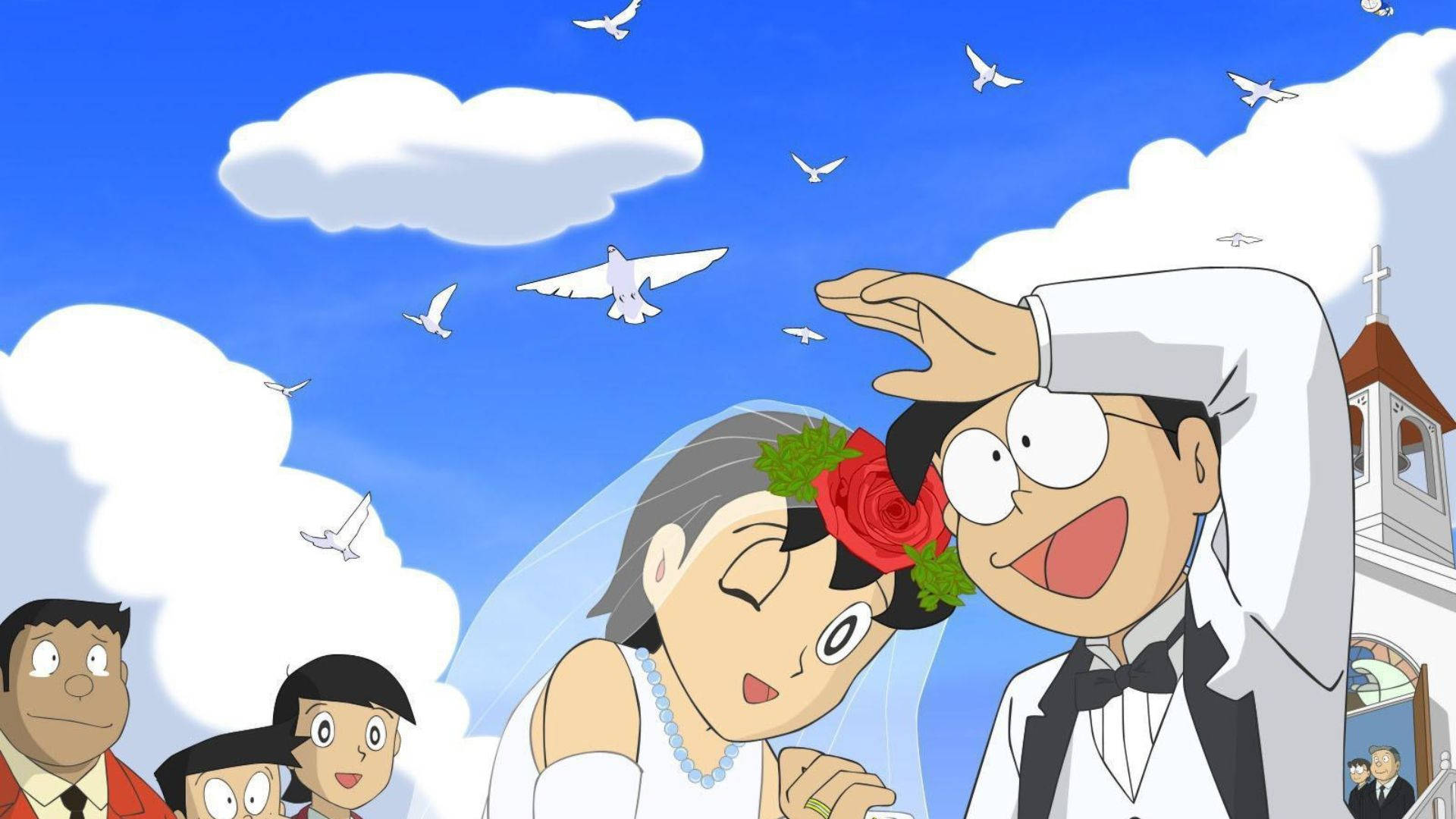 Shizuka Doraemon And Nobita Church Wedding Wallpaper